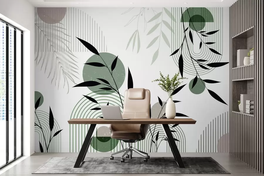 murais de parede Impressão abstrata texturizada com formas geométricas, círculos e arcos e plantas pretas e verdes em um fundo branco w09384