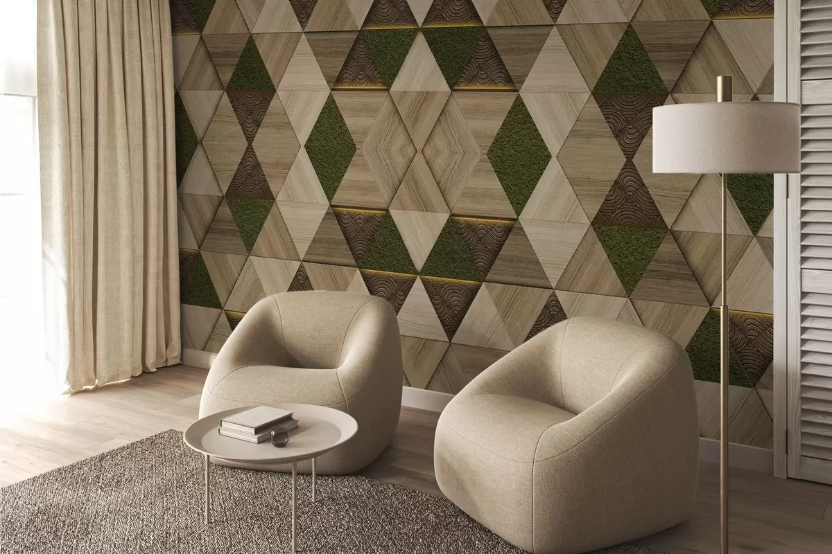 murais de parede Ornamento geométrico de madeira com musgo w04459