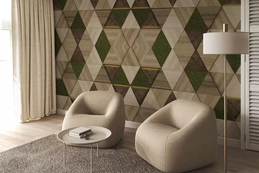 murais de parede Ornamento geométrico de madeira com musgo w04459