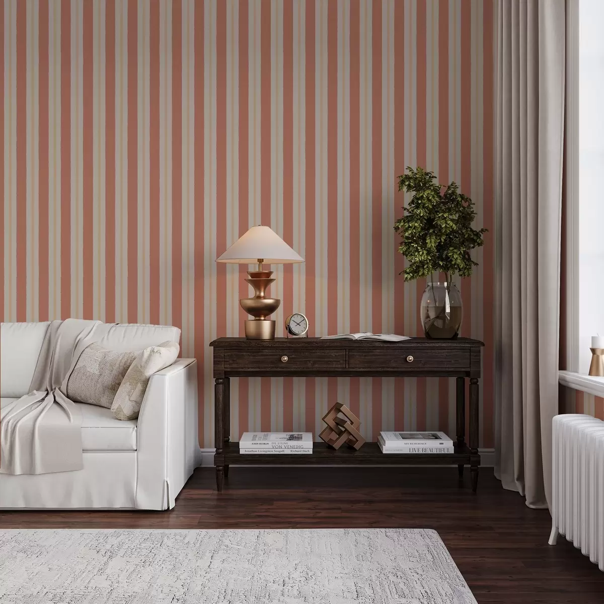 Papel de parede Listras brilhantes em terracota com detalhes em bege a00515