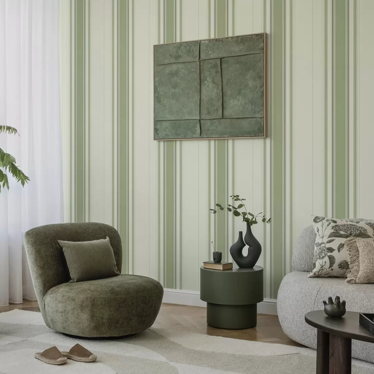 Papel de parede Fundo creme com uma faixa central verde larga a00519