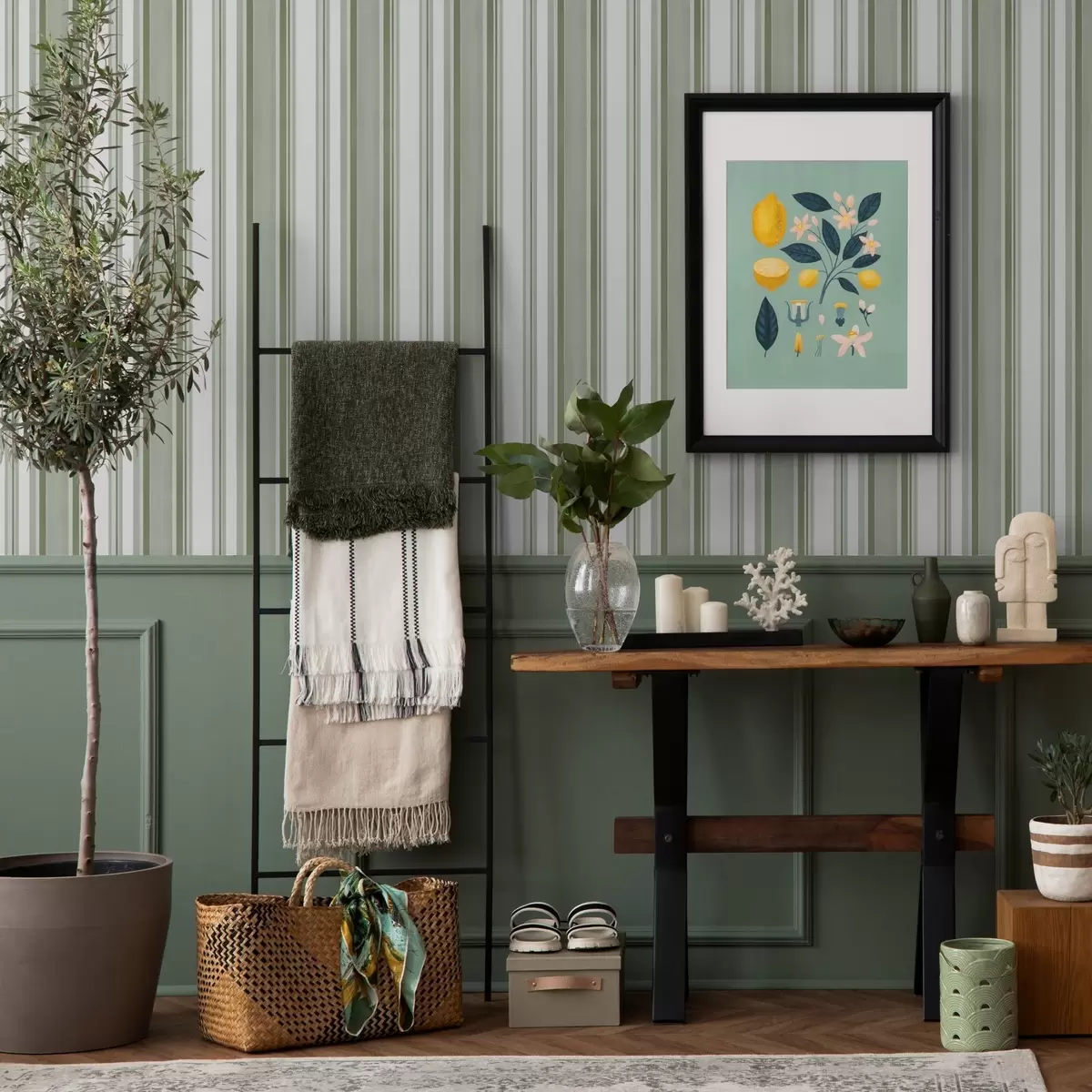 Papel de parede Listras verdes com intervalos brancos e linhas finas a00526