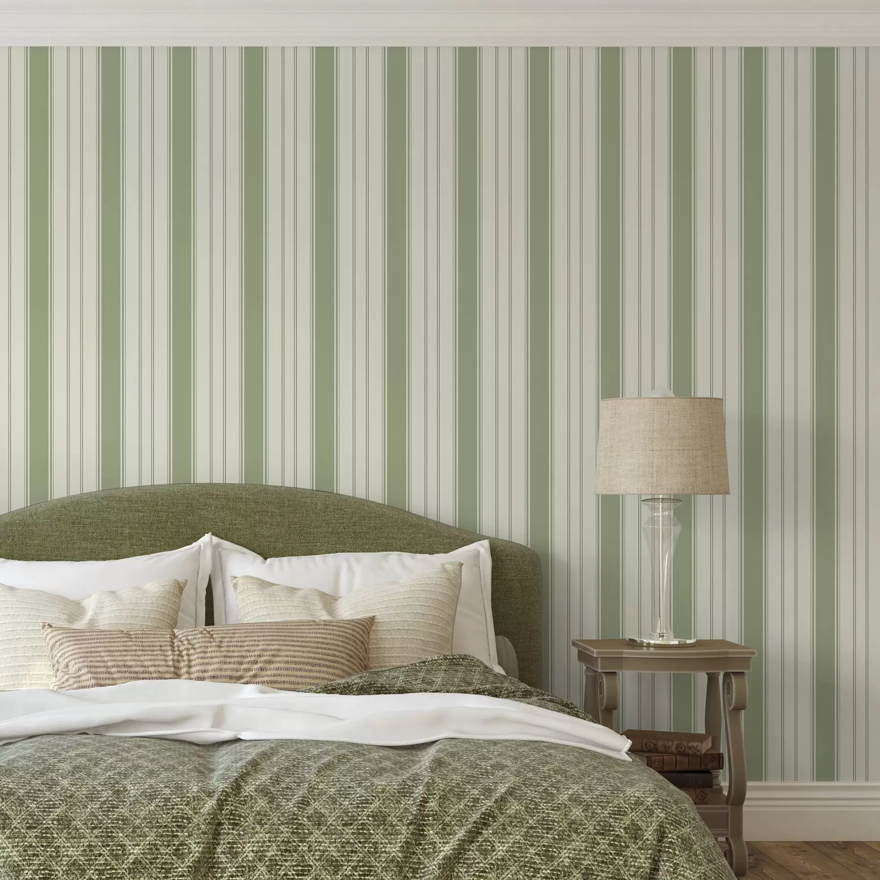 murais de parede Fundo creme com listras verticais verdes uniformes a00560