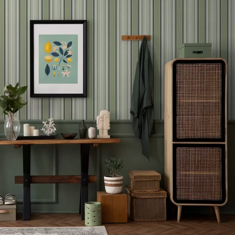 murais de parede Fundo creme com uma mistura de listras verdes e pretas a00563