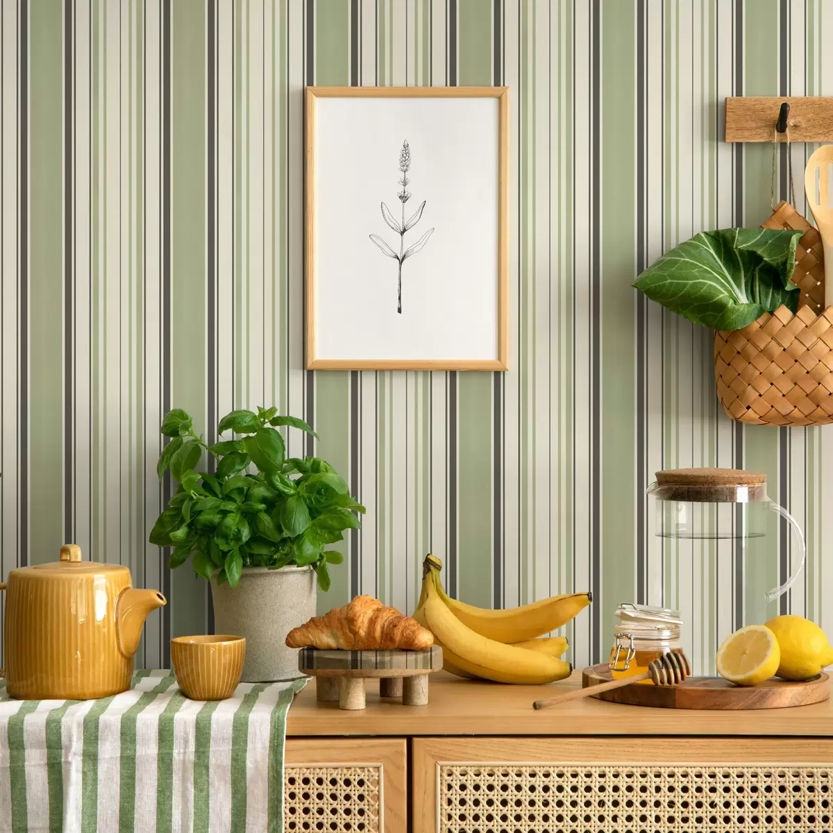 Papel de parede Fundo creme com uma mistura de listras verdes e pretas a00563