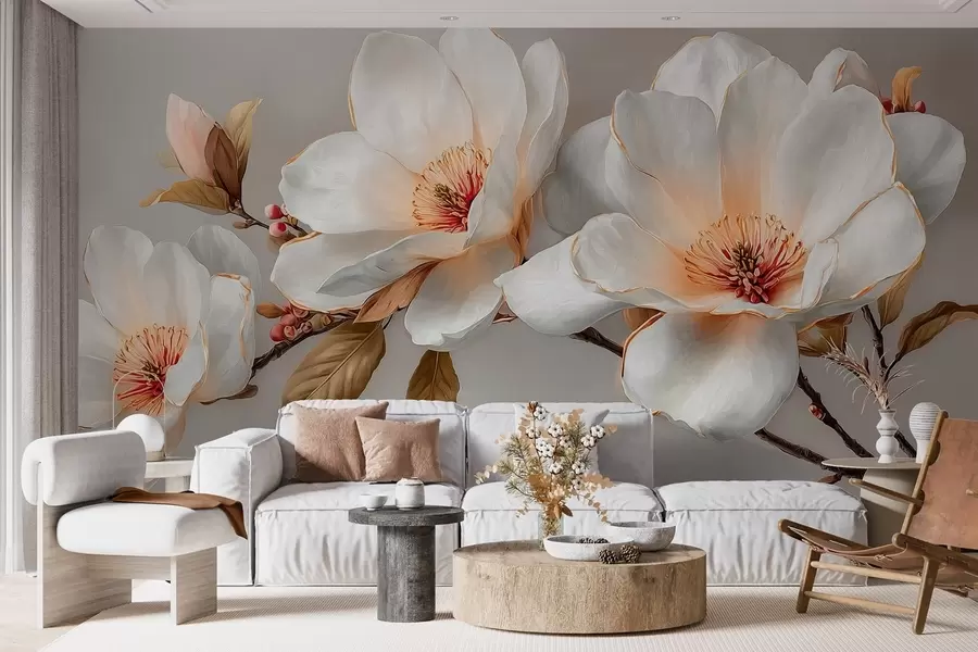 murais de parede Flores delicadas em um galho em tons pastéis com centros laranja w09299