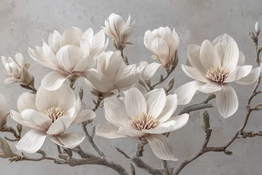 murais de parede Ramos de magnólia com grandes flores claras em tons suaves w09305