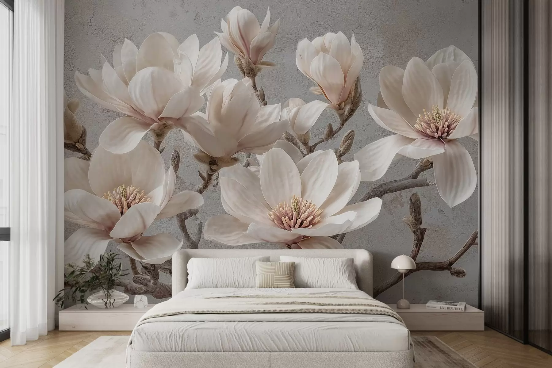 murais de parede Ramos de magnólia com grandes flores claras em tons suaves w09305