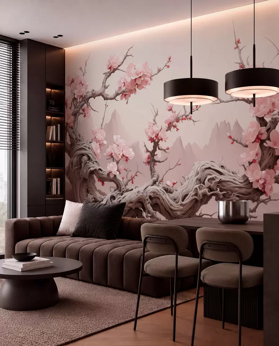 murais de parede Tronco de árvore retorcido com sakura rosa em flor w09388