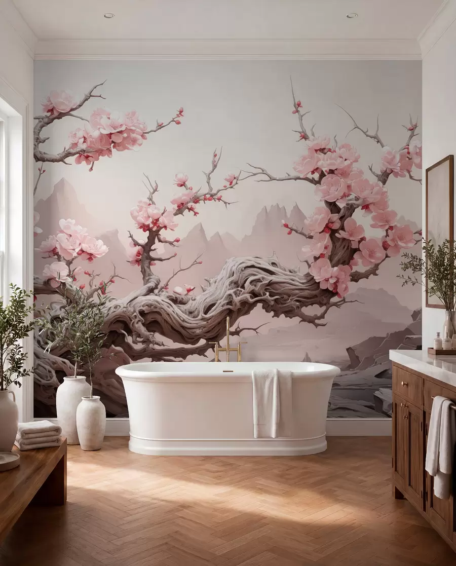 murais de parede Tronco de árvore retorcido com sakura rosa em flor w09388