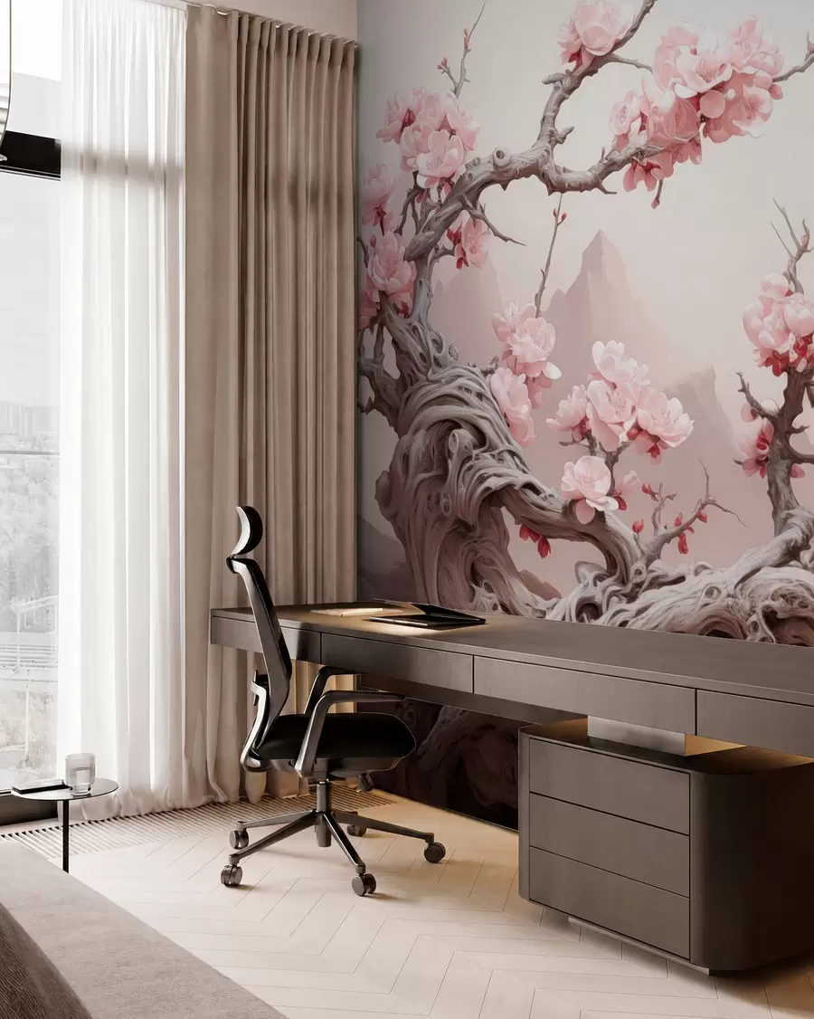 murais de parede Tronco de árvore retorcido com sakura rosa em flor w09388