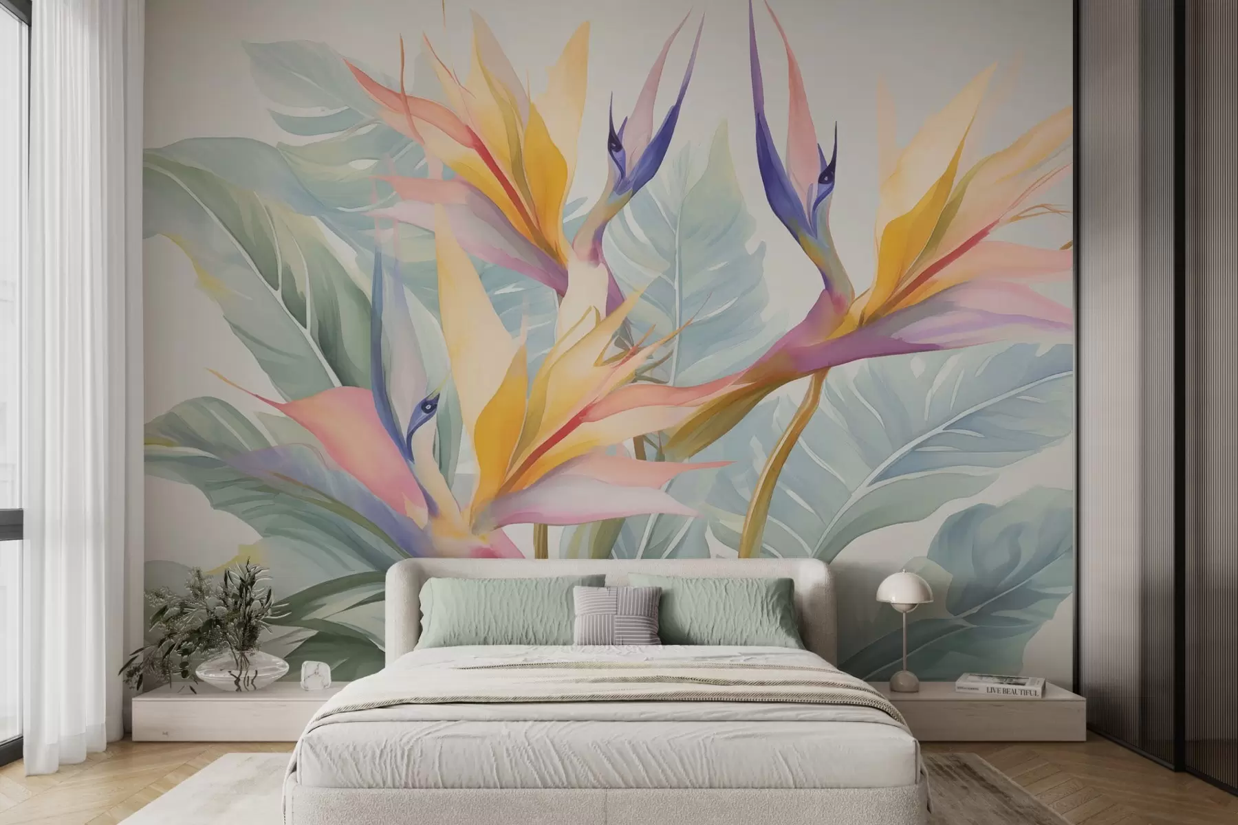 murais de parede Flores e folhas de Strelitzia w04527