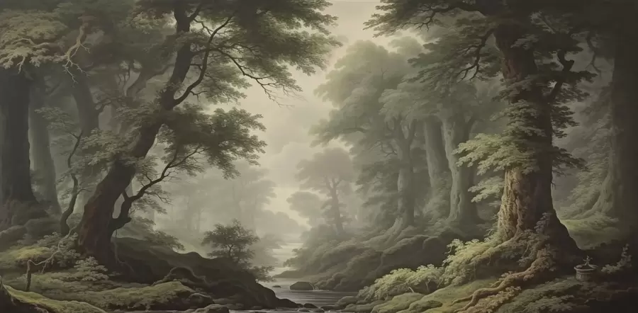 murais de parede Floresta enevoada com rio e árvores antigas e altas w04555