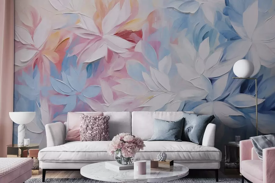 murais de parede Flores brancas texturizadas com folhas rosa e azuis, pintura a óleo em estilo abstrato, pinceladas suaves, cores pastel  w09396
