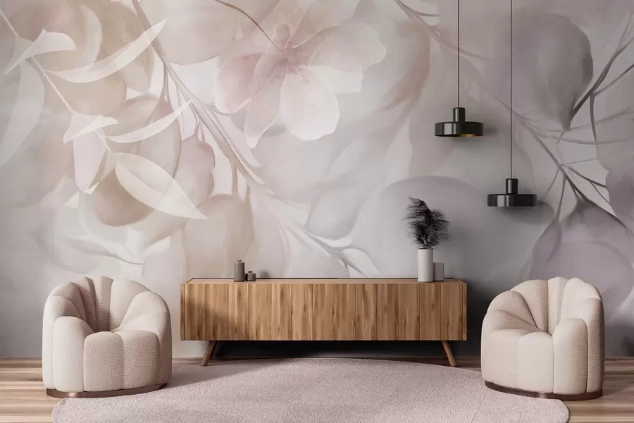 murais de parede Arte floral com flores, folhas e galhos em tons suaves de bege e marrom, cores pastéis suaves, efeito texturizado de aquarela w09397