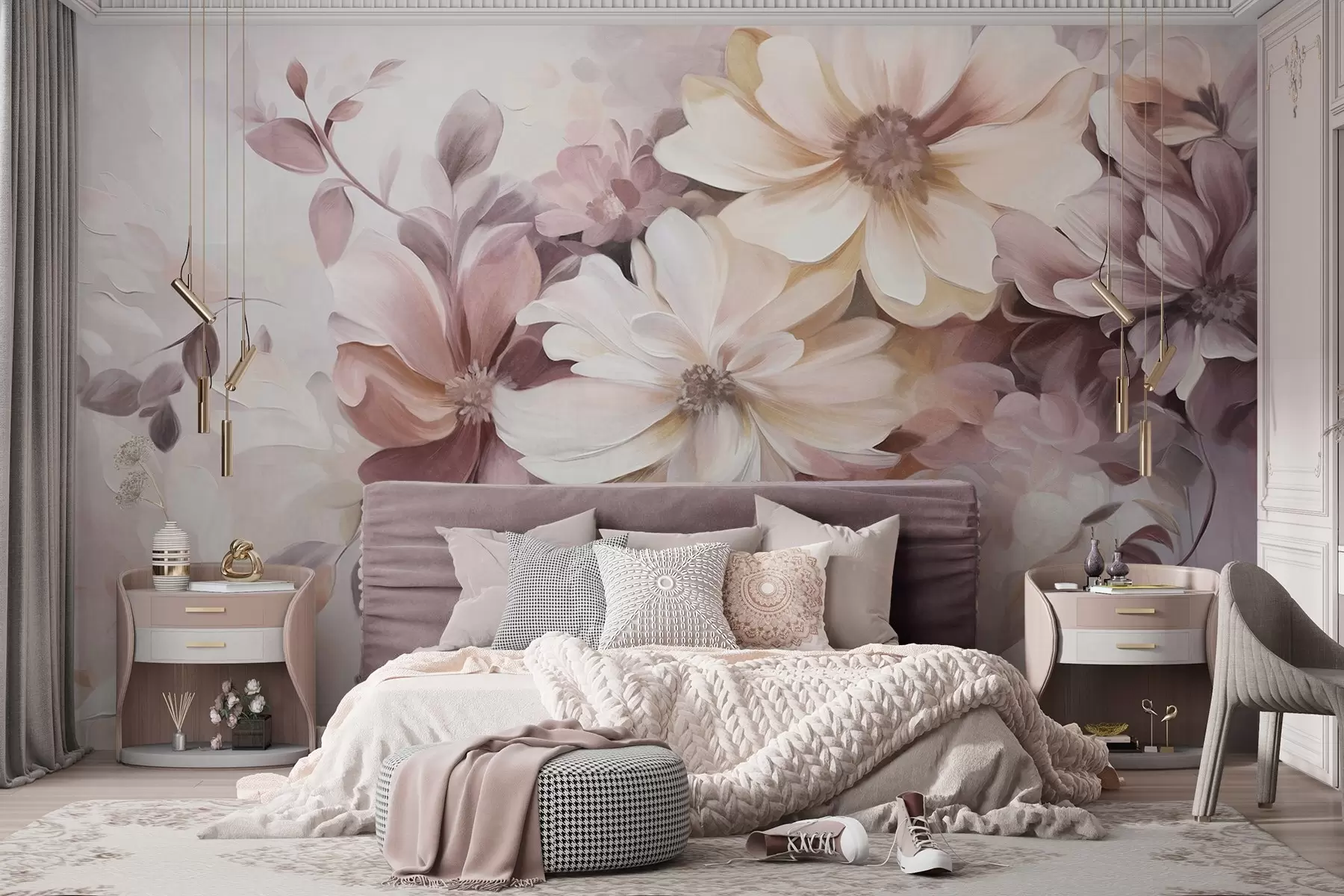 murais de parede Um arranjo floral com flores grandes e macias em tons de bordô, pêssego e branco, com folhas delicadas w09398