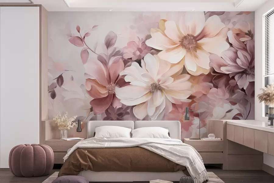 murais de parede Um arranjo floral com flores grandes e macias em tons de bordô, pêssego e branco, com folhas delicadas w09398