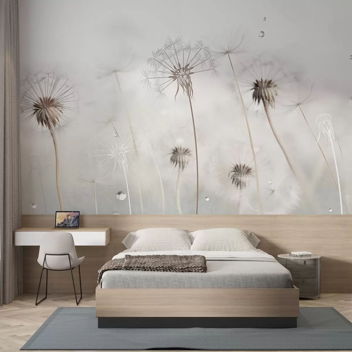 murais de parede Dentes-de-leão com gotas de água, fundo branco, close-up, luz suave, natureza, botânica, etéreo, delicado, minimalista w09399