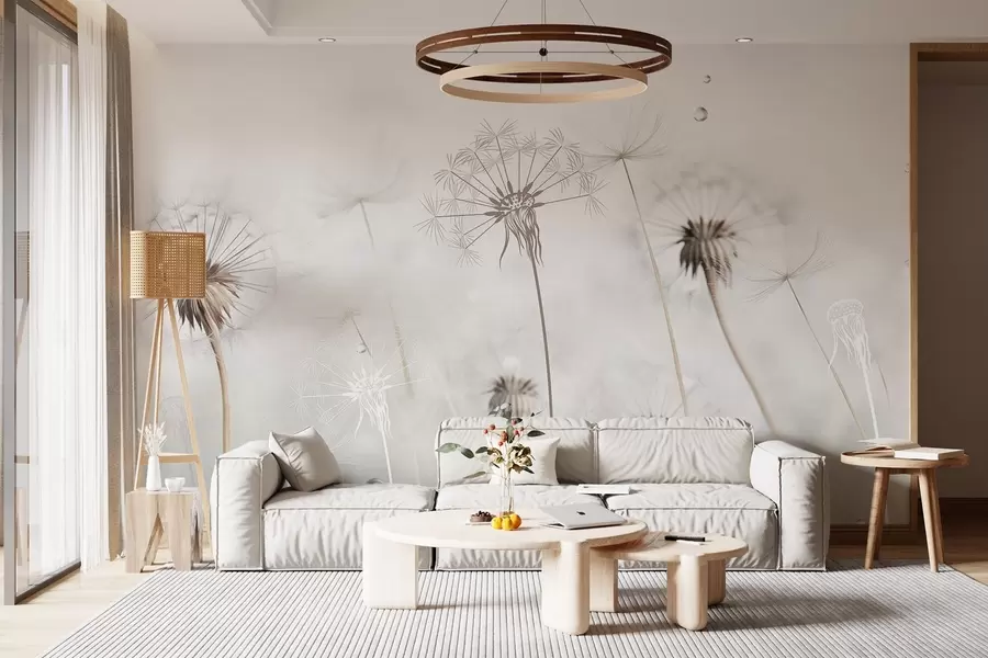 murais de parede Dentes-de-leão com gotas de água, fundo branco, close-up, luz suave, natureza, botânica, etéreo, delicado, minimalista w09399