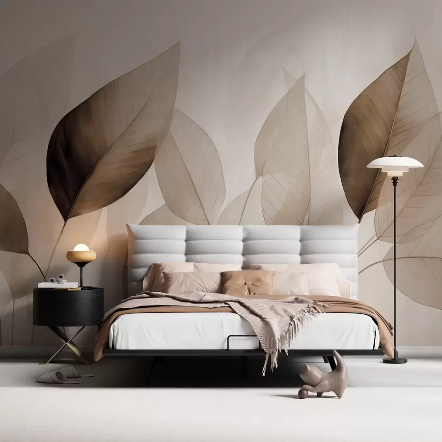 murais de parede Pintura texturizada imitando folhas em tons de marrom e bege, com veios e caules delicados w09400v1