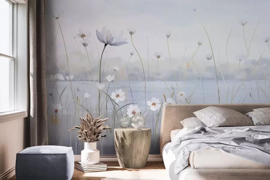 murais de parede Flores brancas com hastes longas em um campo, céu azul claro, cores suaves, texturizadas, estilo minimalista, inspirado na natureza, fundo calmo w09401