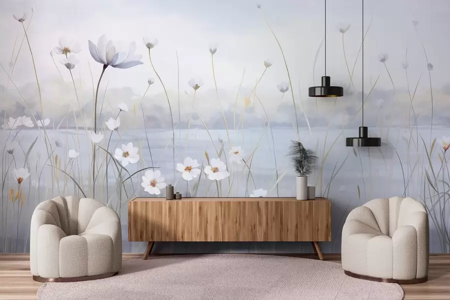 murais de parede Flores brancas com hastes longas em um campo, céu azul claro, cores suaves, texturizadas, estilo minimalista, inspirado na natureza, fundo calmo w09401