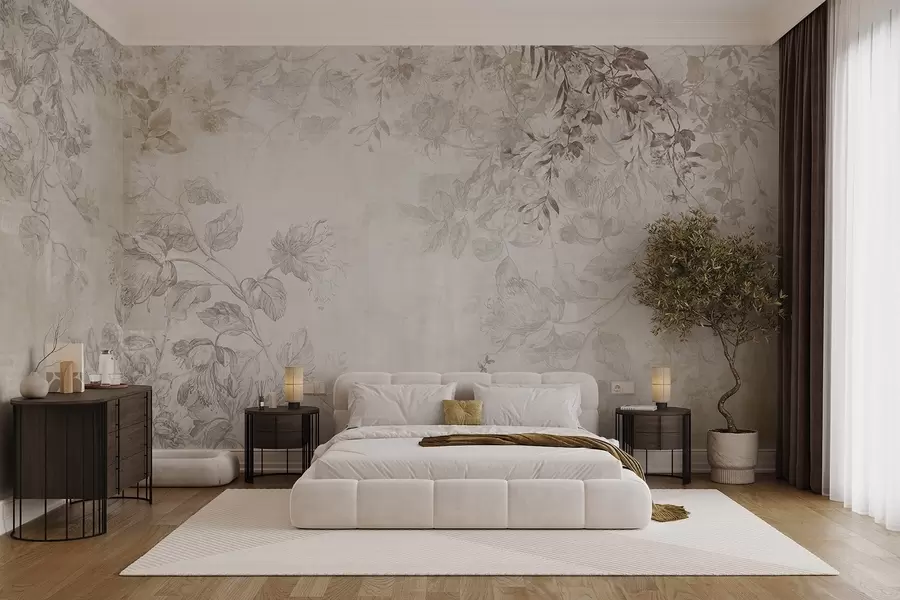 murais de parede Arte floral vintage texturizada com ilustrações delicadas de flores e folhas de jardim em estilo desenho, tons suaves de bege pastel e sépia w09402