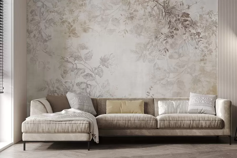 murais de parede Arte floral vintage texturizada com ilustrações delicadas de flores e folhas de jardim em estilo desenho, tons suaves de bege pastel e sépia w09402