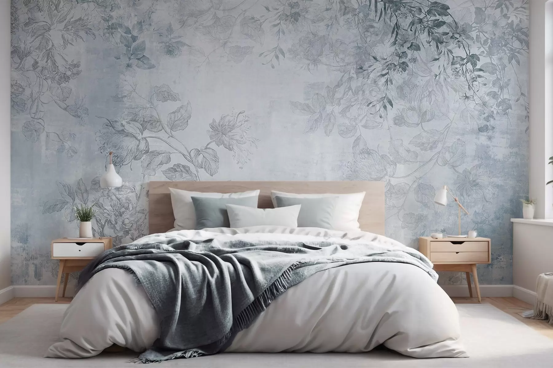 murais de parede Arte floral vintage texturizada com ilustrações delicadas de flores e folhas de jardim em estilo desenho, tons suaves de azul w09402v1