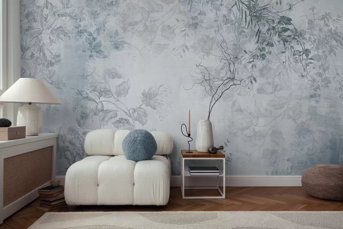 murais de parede Arte floral vintage texturizada com ilustrações delicadas de flores e folhas de jardim em estilo desenho, tons suaves de azul w09402v1