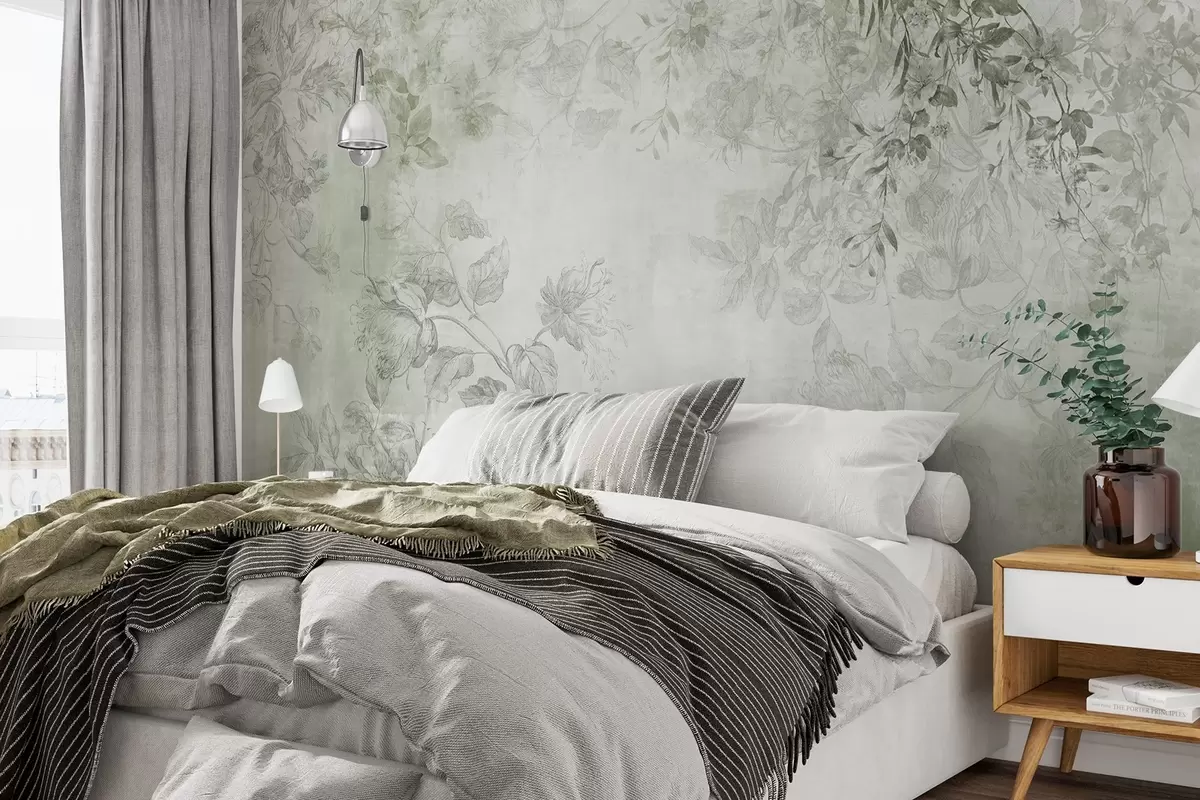 murais de parede Arte floral vintage texturizada com ilustrações delicadas de flores e folhas de jardim em estilo desenho, tons suaves de verde w09402v2