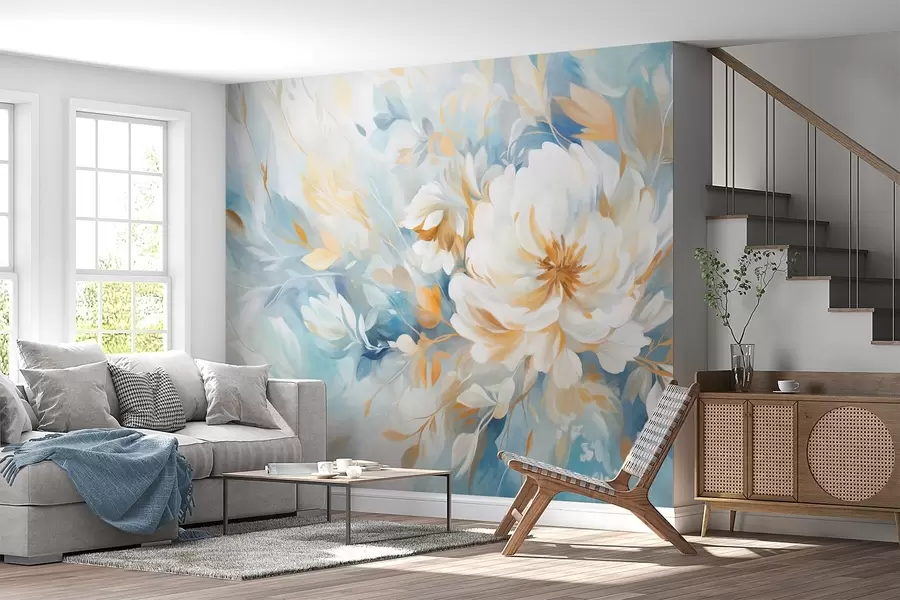 murais de parede Flor branca texturizada com detalhes azuis e amarelos e folhas sobre um fundo abstrato azul e branco, estilo pintura w09403