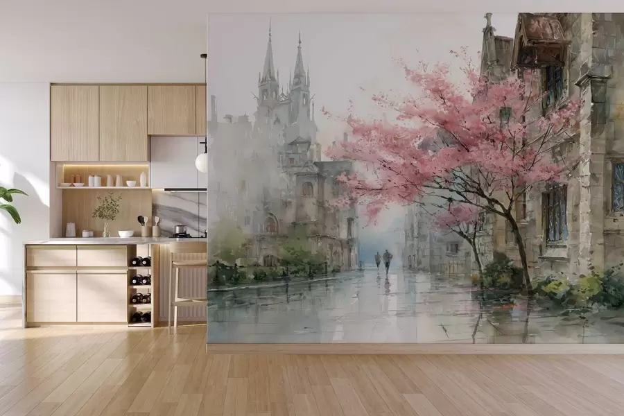 murais de parede paisagem urbana em estilo aquarela w04500