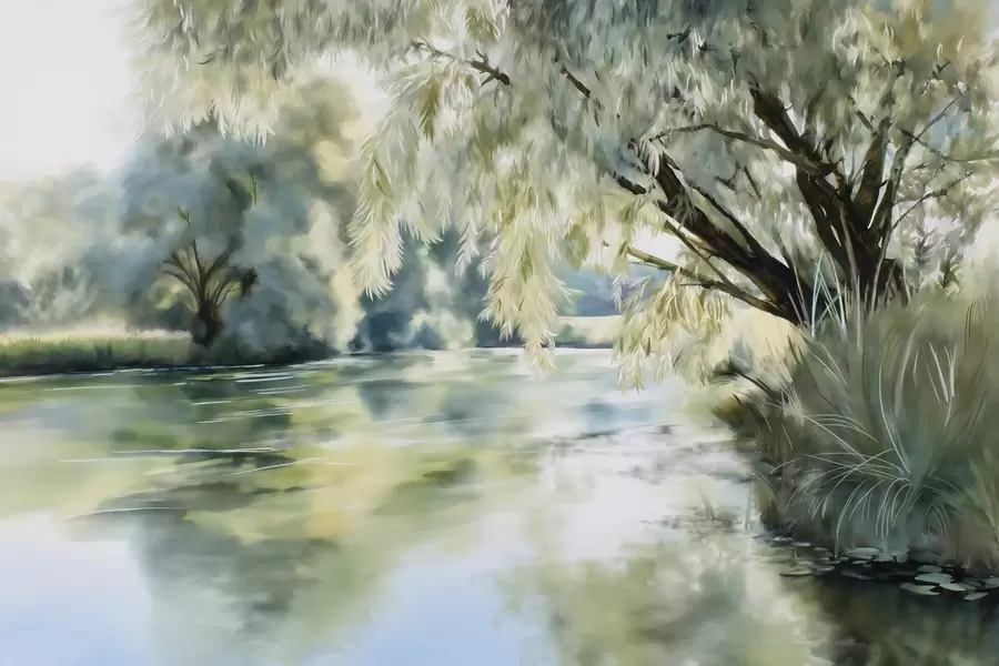 murais de parede árvore em estilo aquarela acima do lago w04501