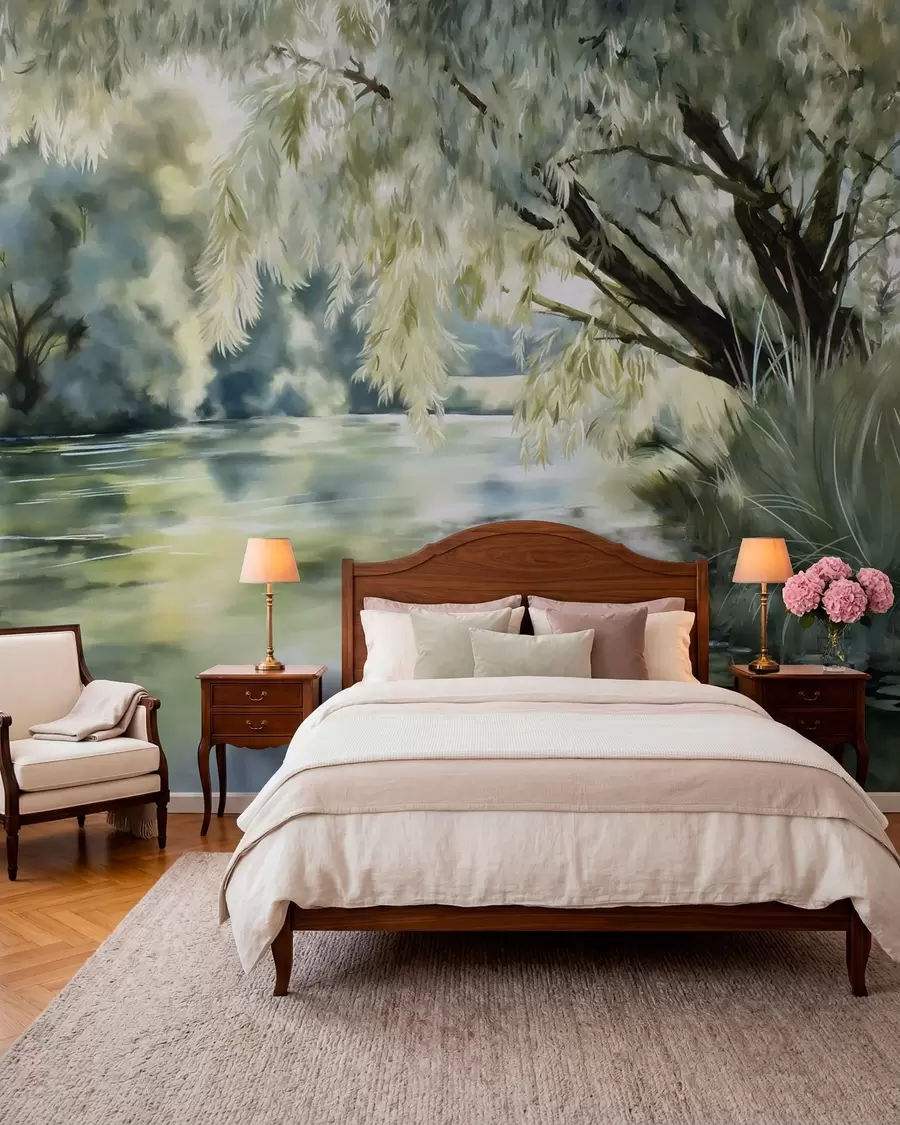 murais de parede árvore em estilo aquarela acima do lago w04501