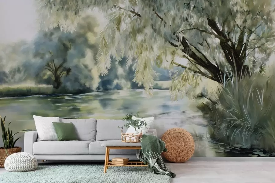 murais de parede árvore em estilo aquarela acima do lago w04501