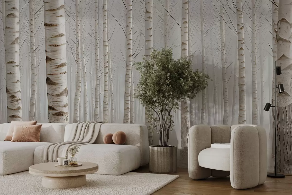 murais de parede Floresta de bétulas na neblina, minimalismo luminoso w04574