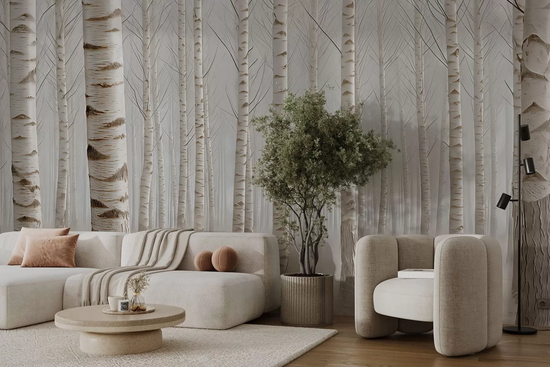 murais de parede Floresta de bétulas na neblina, minimalismo luminoso w04574