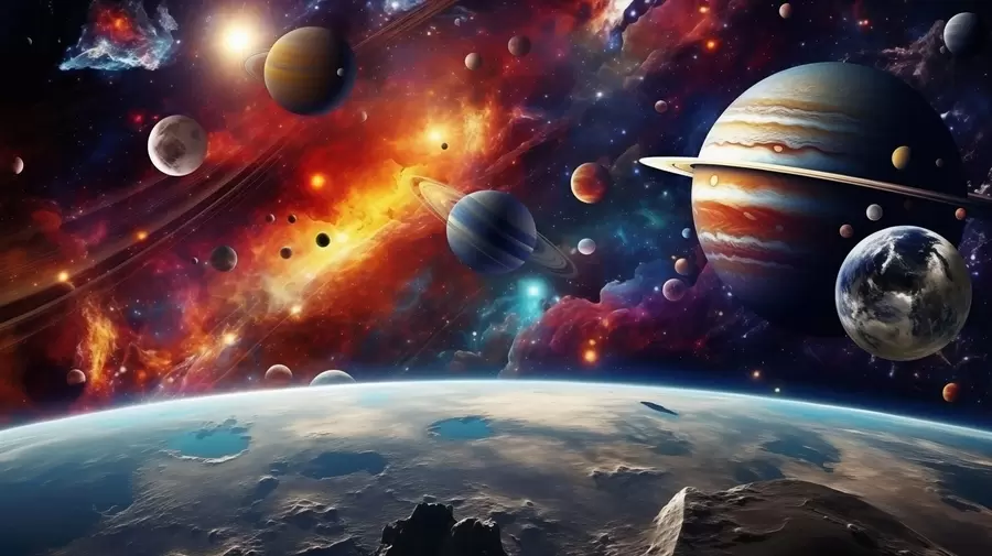 murais de parede Cosmos colorido com planetas e nebulosas w04576