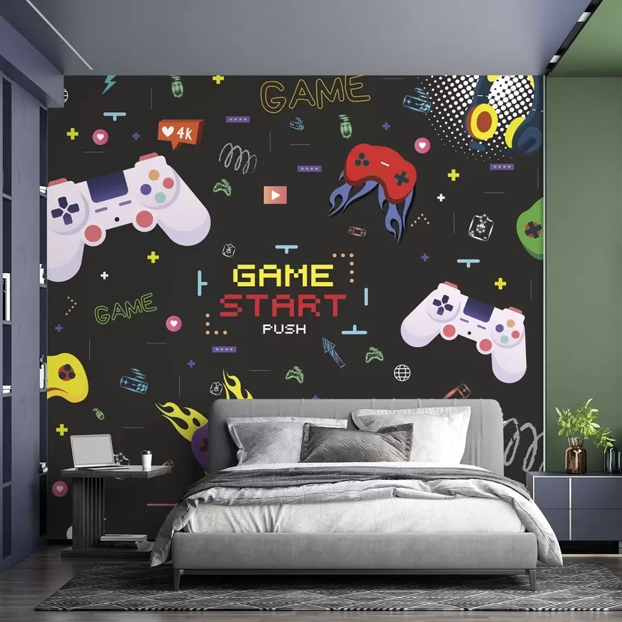 murais de parede Padrão brilhante para gamers com consoles e texto pixelizado w04581
