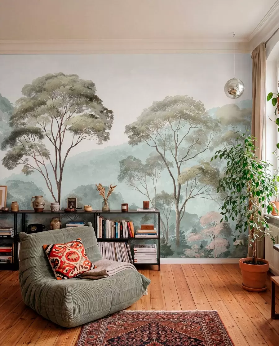 murais de parede Manhã enevoada na floresta em estilo aquarela w09405