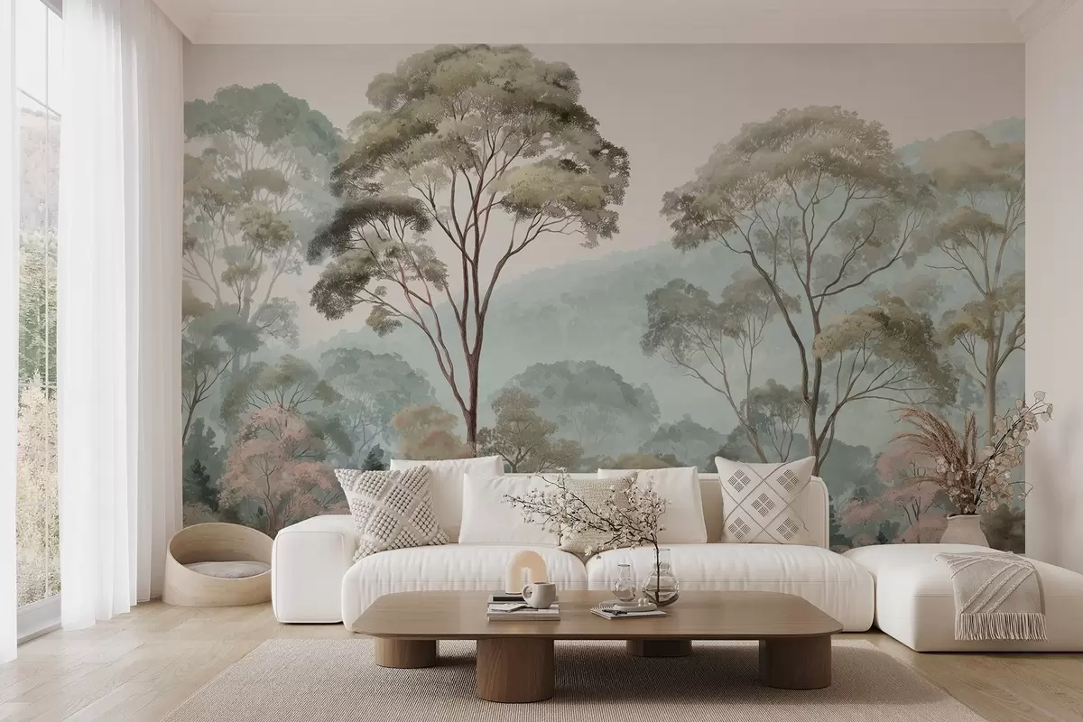 murais de parede Manhã enevoada na floresta em estilo aquarela w09405