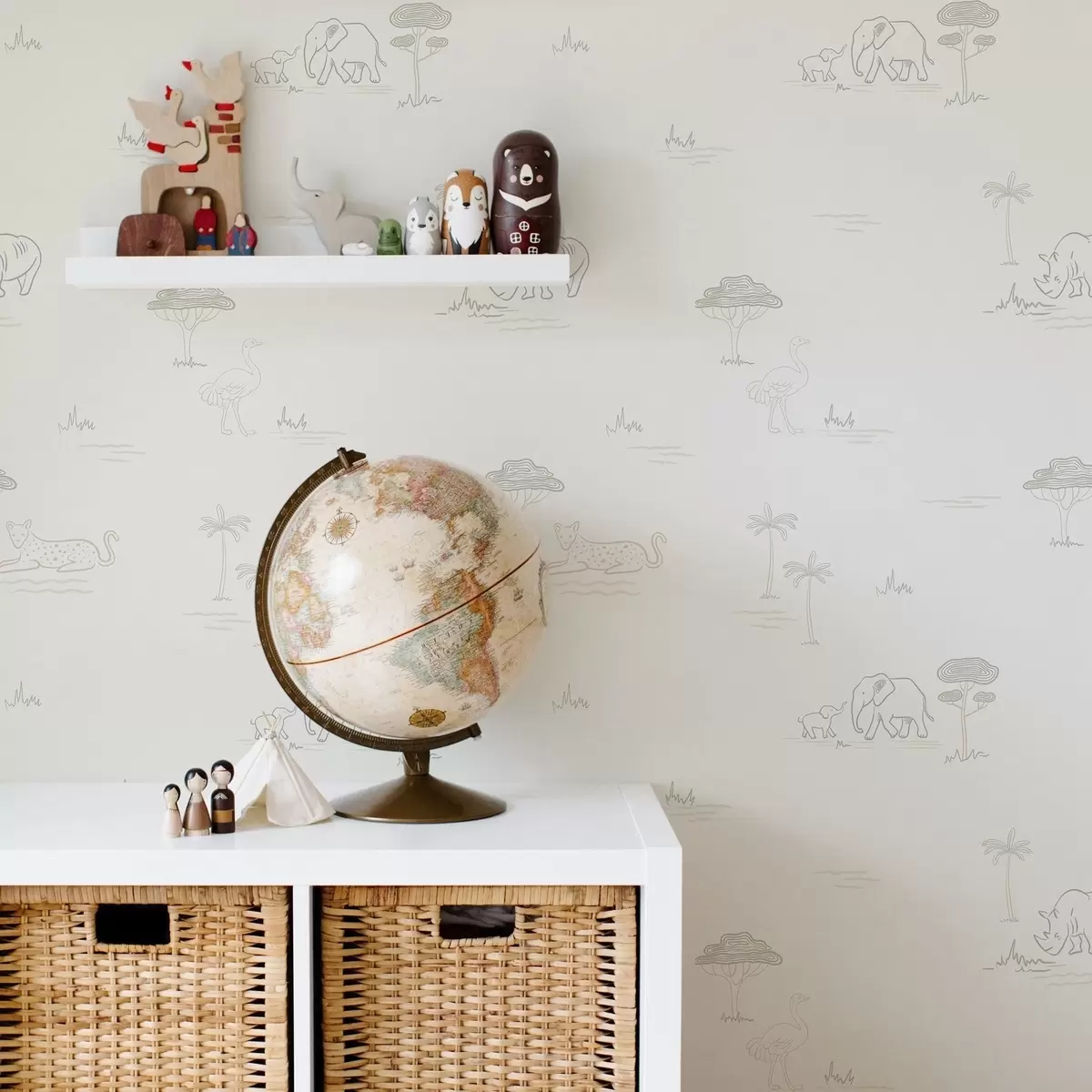 Papel de parede Safári minimalista: elefantes, rinocerontes, leopardos e palmeiras a00492