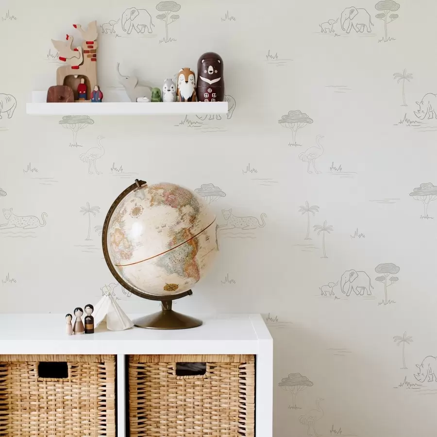 murais de parede Safári minimalista: elefantes, rinocerontes, leopardos e palmeiras a00492