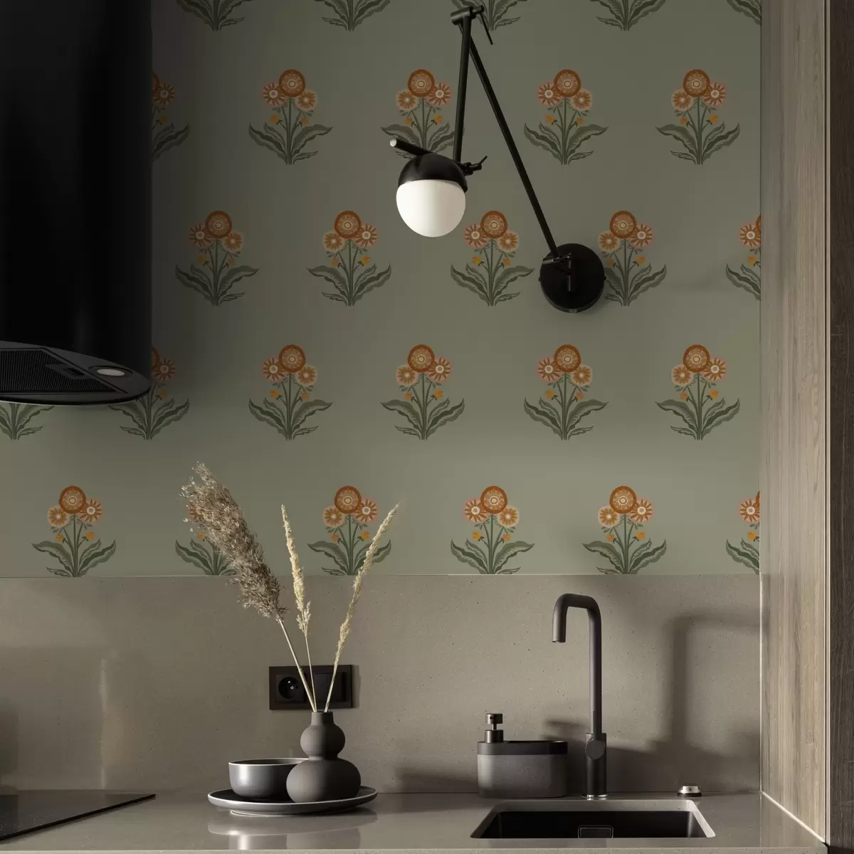 Papel de parede Flores estilizadas sobre fundo verde-oliva, tons quentes a00494v2