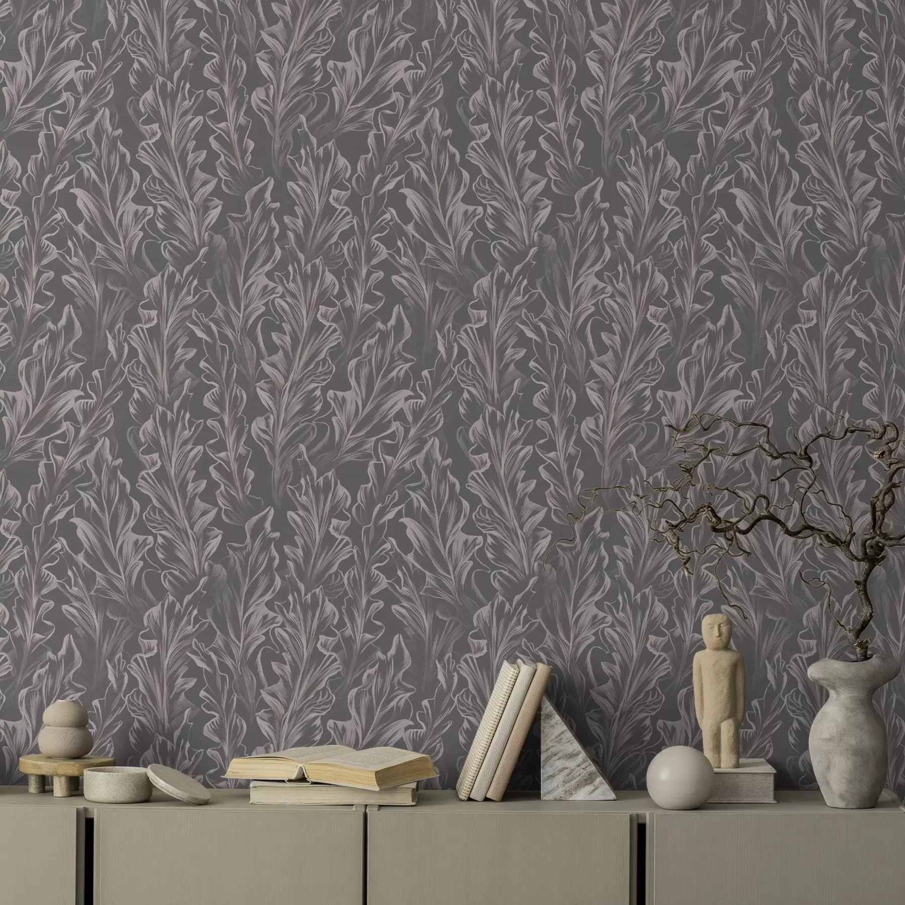 murais de parede Ondas fluidas de folhas sobre um fundo grafite, alto contraste a00495v1