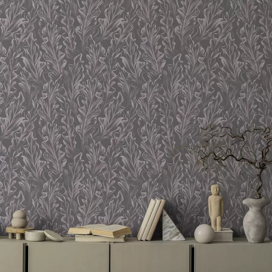 murais de parede Ondas fluidas de folhas sobre um fundo grafite, alto contraste a00495v1