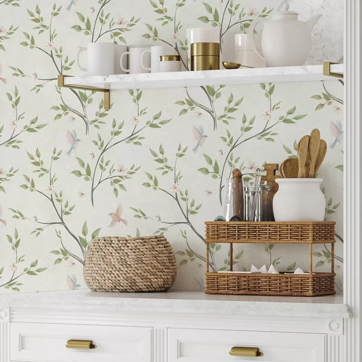 Papel de parede Galhos em aquarela com folhas e pássaros sobre um fundo claro a00496