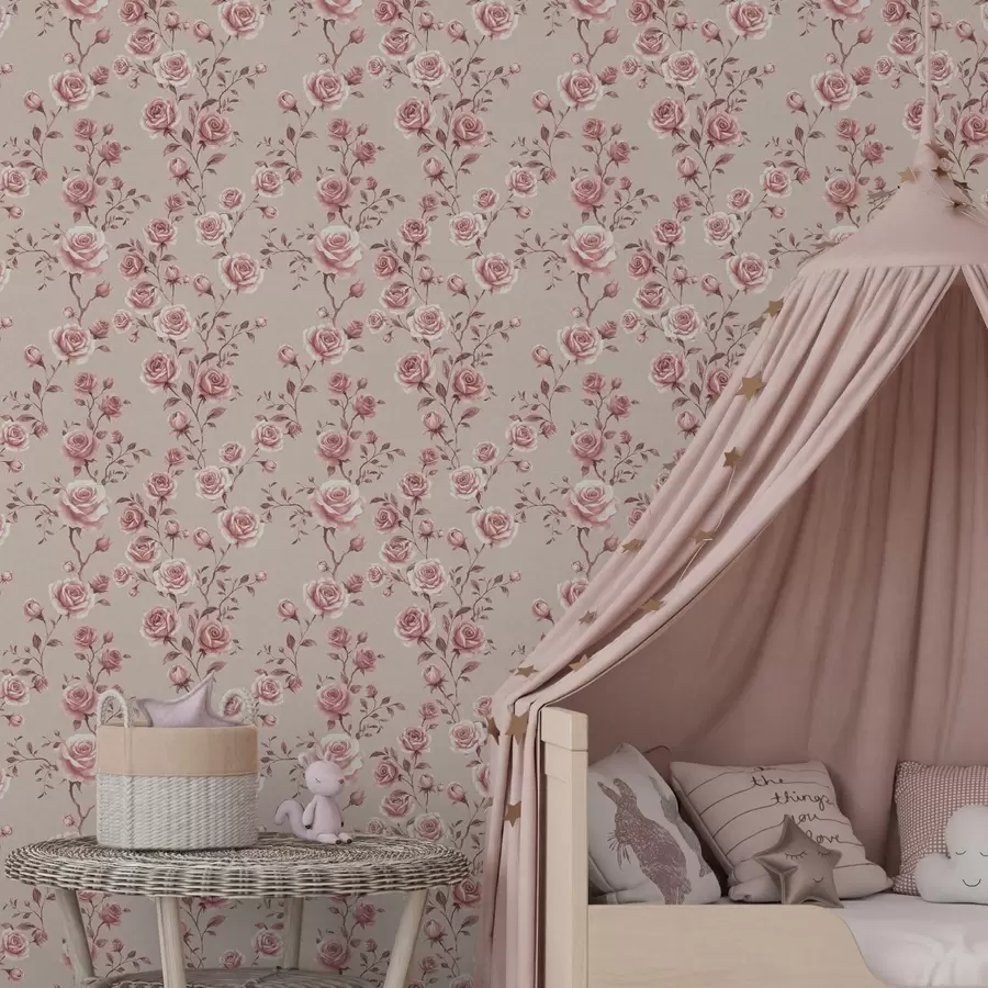 murais de parede Rosas em pó sobre bege — padrão vintage a00497