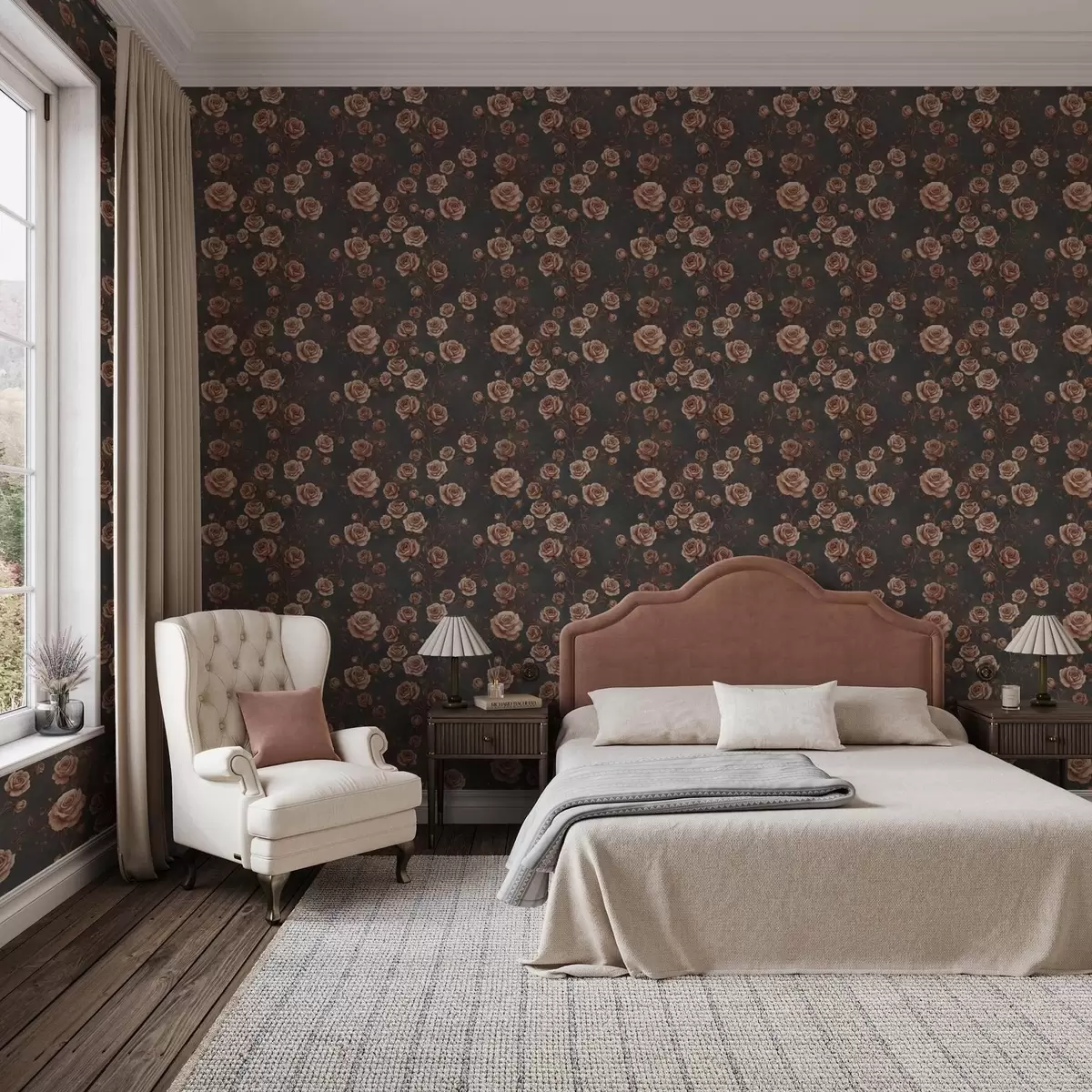 Papel de parede Rosas vintage sobre fundo grafite, paleta terracota a00497v1